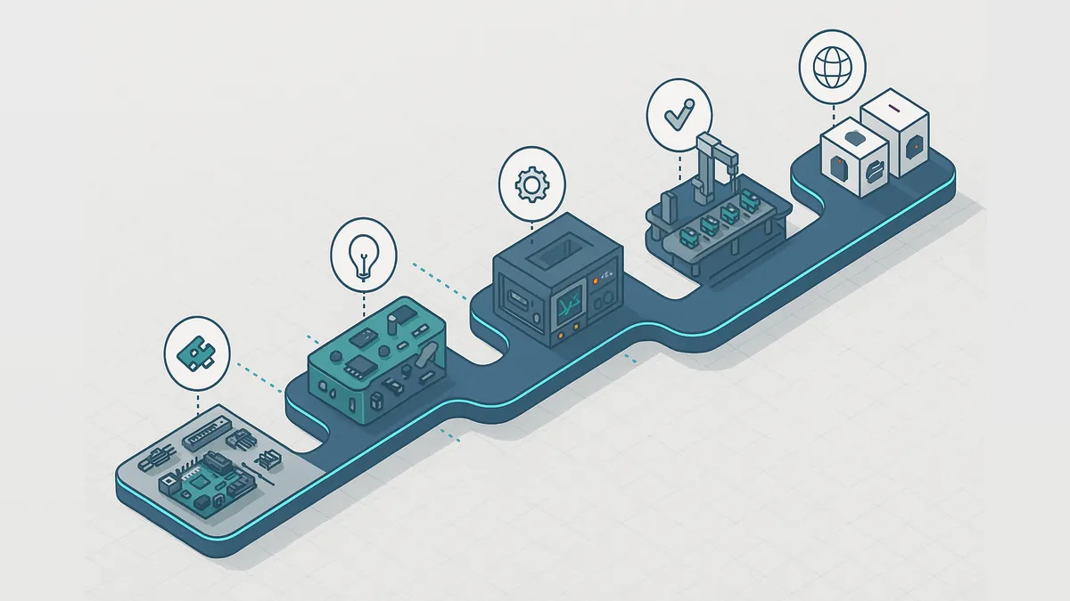 Visual representation of the 5-phase hardware development process from POC to Mass Production