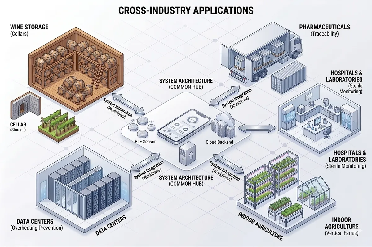 Diagram showing cross-industry applications of the BLE environmental monitoring system: wine storage, pharmaceuticals, hospitals and laboratories, indoor agriculture, and data centers, all connected through a common system architecture and cloud backend