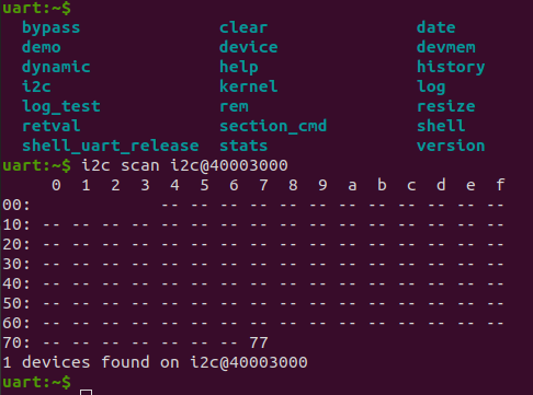 Snapshot of a sample running I2C scan. Device 0x77 (BME280) is in the bus.