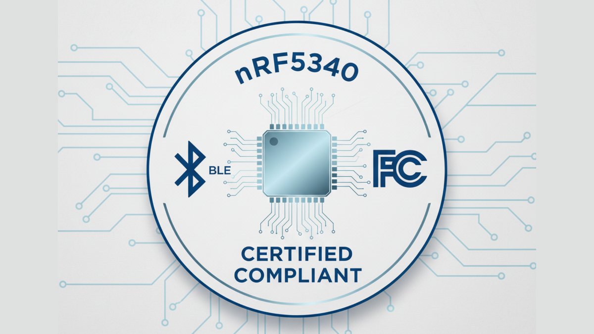 nRF5340 chip with FCC certification badge showing Bluetooth and regulatory compliance symbols