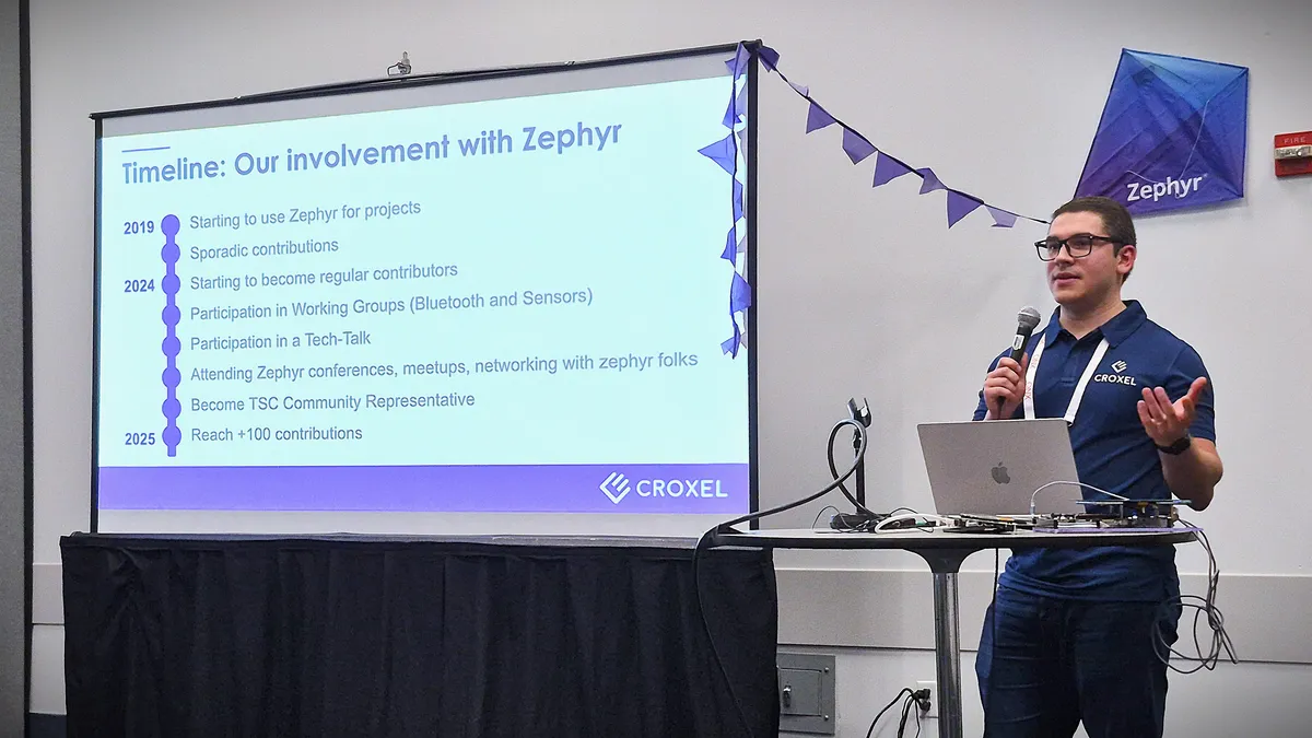 Carlos Mejia presenting at Zephyr Meetup in Anaheim about contributing to Zephyr RTOS